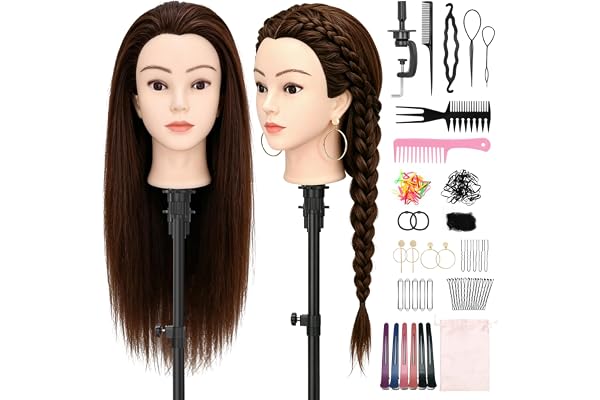 Yofuly 61 cm (24 tum) toaletthuvud med örhål, 80 % äkta hår övningshuvud, styling träningshuvuden dockhuvud frisör skyltdocka