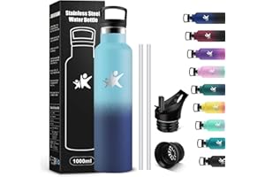 KollyKolla Gourde Isotherme 1L, Gourde Acier Inoxydable avec en Paille, Étanche et Réutilisable, sans BPA, Gourde Sport pour Enfant, Adultes, Fitness, l'École, Bureau, Randonnée, Camping, Cyclisme