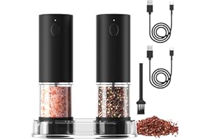 COKUNST Elektrische Salz und Pfeffermühlen Set, USB Wiederaufladbar Schwarze Pfeffermühle mit Basis, 5 Grobstufen Verstellbar, LED-Licht Automatisches Mahlen für BBQ Restaurant Küche