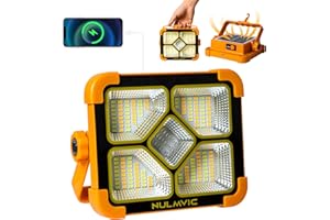 NULMVIC Faro Led Ricaricabile, 60W Faretto a Batteria con Pannello Solare, 6000mAh Ricarica USB Lampada da Campeggio, 4 Modalità di Illuminazione, Ideale per Campeggio, Lavoro, Pesca