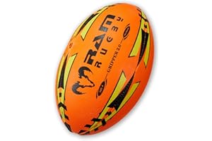 RAM ONLINE Ram Rugby Ball - Fluoro Gripper 2.0 Pro Trainer - cosido a mano - Construcción de 3 capas - Agarre 3D para un control definitivo de paso y captura (4, naranja fluoro)
