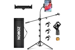 ZOMON Mic Stand, 6-in-1 Microphone Stand with Floor Boom, Support Boom, Gooseneck, Mic Clips, Tablet Phone Holder, Black, Metal, Portable, Adjustable