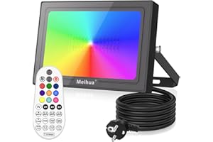 ‎MEIHUA MEIHUA 35W RGB LED Strahler mit Fernbedienung, IP66 Wasserdicht RGB Fluter Farbwechsel 10 Farben 12 Modi Außenstrahler Flutlicht mit Timer Memory Funktion für Disco Party Garten Feiertagsdekoration