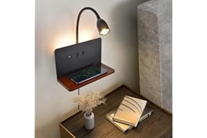 ‎SENFAY Schwarz Wandleuchte mit Wireless Charger, Dimmbare Leselampe Wandmontage mit USB-Ladeanschluss Wandlampe mit Stecker, Flexible Schwanenhals Bett Leselicht,Wandlampe mit warmweiß Hintergrundbeleuchtung