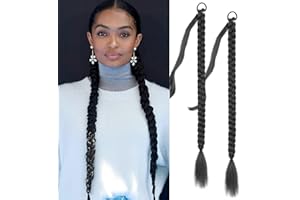 Fulang Hair 2PCS Braid Ponytail Extension, Zopf mit Haargummi, Haarteil zum Einflechten Lang Ponytail, Kunsthaar für Frauen, Geflochtener Haarteil (1B#)