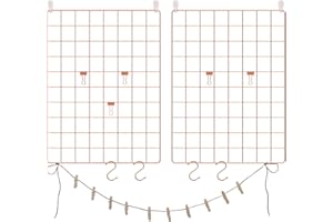 SONGMICS Photo Display Racks, Set of 2, Metal Mesh Wall Decoration Grids, Multifunctional Hanging Galleries, DIY, S Hooks, Clips, Cord, Rose Gold LPP01DR