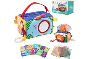 LEADSTAR Montessori zabawka dla dzieci od 1 roku życia, sensoryczna, zabawka dla niemowląt z lustrem, pierścień do gryzienia, grzechotka w zestawie kolorowa chustka, zabawka sensoryczna dla dzieci od