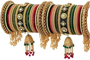 GDM CREATION Bridal Jewellery Bangles Set Gold Plated Rajasthani Chura/Punjabi Chuda Set for Wedding with Rajasthani Kundan M