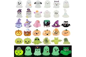 Booaee Świecące miniaturki na Halloween, 30 sztuk, świecące figurki na Halloween, świecąca dekoracja do użytku na zewnątrz, z nietoperzami, dynią, duchem, duchem, Halloween, dekoracja stołu, figurka