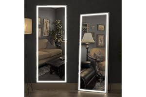 CASSILANDO 160 x 50 cm Full Length Mirror with LED Lights, Free Standing Floor Mirror, Wall Mounted Mirror, Color Dimmable & Brightness Adjustment for Bedroom, LED, White with Stand
