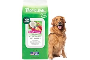 TropiClean Dog Wipes Grooming - Deep Cleaning & Deoderising Wipes for Dogs & Cats - Removes Dirt, Dander & Odour - For Pet Paws, Face, Body & Butt, Sweet Berry & Coconut, 100ct