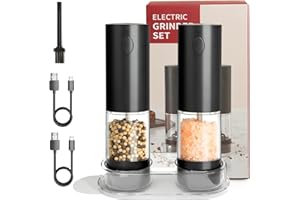 XXFLOWER Electric Pepper and Salt Grinder 2 Pack, USB Rechargeable Automatic Stainless Steel Pepper Mill with LED Light (Black)
