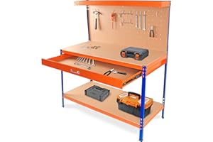 wuuhoo® I Banco per attrezzi Ben con cassetto e ripiano I Banco da lavoro con parete forata per appendere gli attrezzi I Attrezzatura da officina con ganci