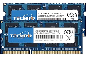 TECMIYO 8GB Kit (2X4GB) DDR3 RAM 1066MHz SODIMM PC3-8500S 204 Pin Unbuffered Non-ECC 1,5 V CL7 Dual Rank 2Rx8 Notebook Laptop RAM Memory Module