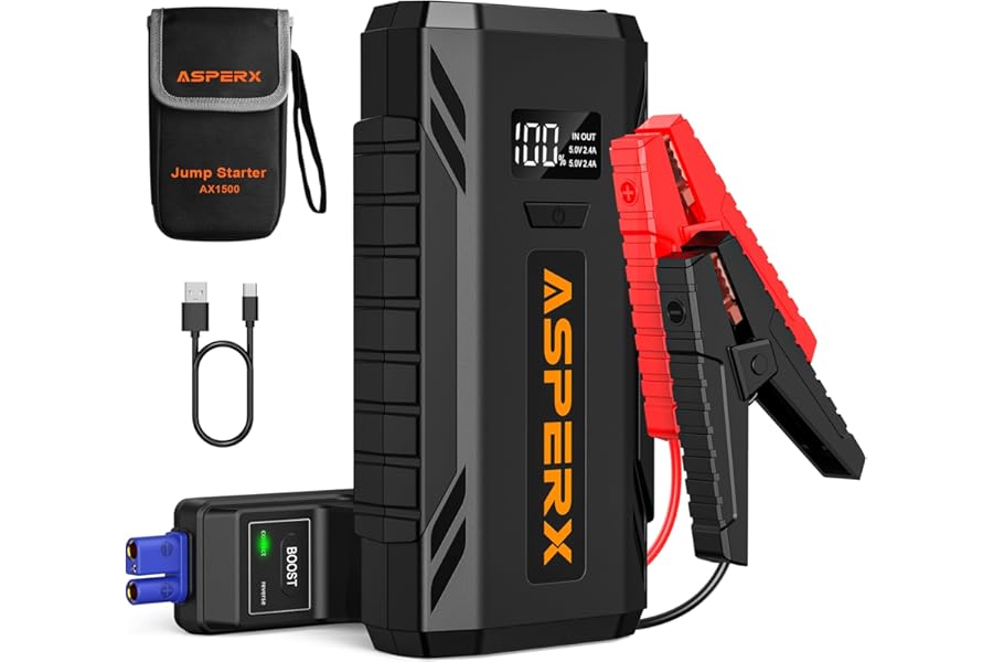 ASPERX Jump Starter Power Pack(Up to 7L Gas/5.5L Diesel), Car Battery Booster Jump Starter with Jump Leads,LED Flashlight &1.4 INCH LCD Display,Jump Pack for 12V Vehicles Pickup SUV Motorcycle