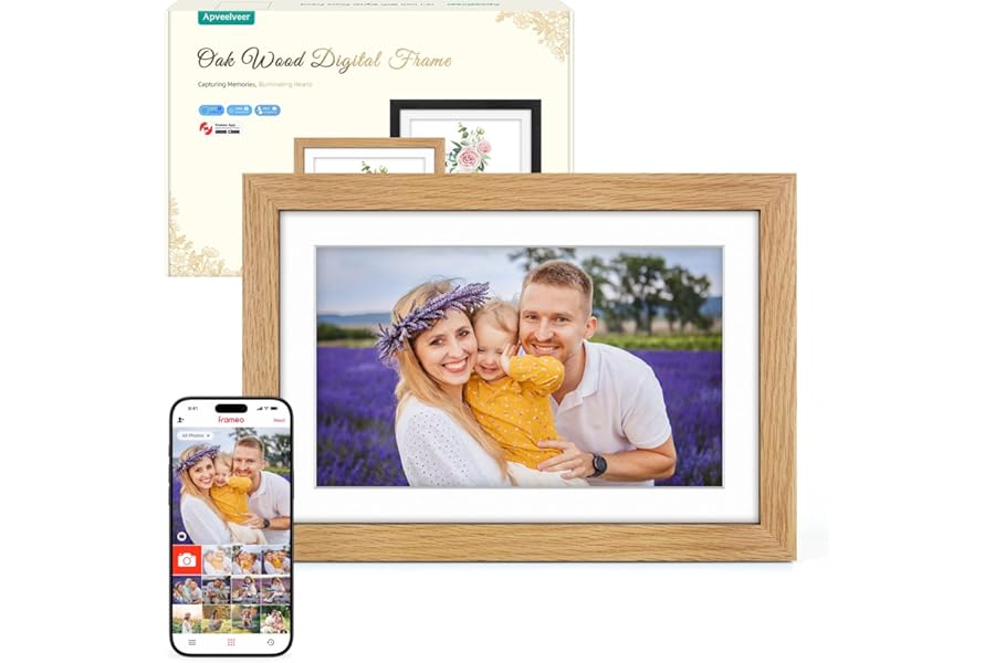 Digital Photo Frame WiFi Oak Wood Frame, Frameo Digital Picture Frame 10.1 Inch, 32GB Memory, 1280 * 800 HD IPS Touchscreen, Auto-Rotate, Share Photos Videos via Frameo APP