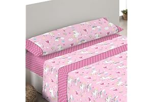 ALL DECORE PLAZA HOME S.L. ADP HOME QUALITY PRODUCT SELECTION Adp Home - Juego de sábanas Estampadas 144 Hilos en polialgodón - Sábana Bajera, sábana encimera y Funda de Almohada Modelo Unicornios Infantil, Niños (Rosa, Cama de 90 CM)