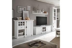 Lomadox Wohnzimmer Wohnwand im Landhaus-Stil Pinie weiß Nb. inkl. LED B/H/T ca. 340x207x45cm