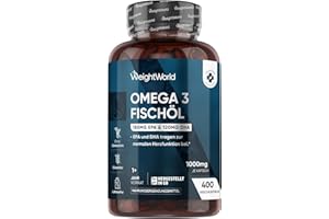 ‎WEIGHTWORLD Omega 3 Öl Kapseln - 400 Weichkapseln - 1+ Jahr Vorrat - 1000mg Fischöl pro WeichKapsel - Essentielle Omega 3 Fettsäuren mit EPA 180 mg & DHA 120mg - Fisch öl Softgels - Glutenfrei - WeightWorld