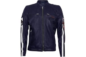 INFINITY LEATHER Men's Leather Biker Racing Fashion Motorcycle Jacket with White Stripes and Badges