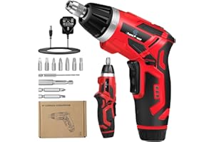 C P CHANTPOWER Cordless Electric Screwdriver Set, 6 +1 Torque Setting Rechargeable 4V Small Screwdriver with 11 Accessories, Flashlight and Charger Red