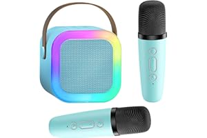 OSKUGLIN Máquina de Karaoke para niños con 2 micrófonos para teléfono móvil/USB/Tarjeta TF, Mini máquina de Karaoke portátil con luz LED y Efectos de Cambio de Voz para Fiesta en casa, cumpleaños (Azul)