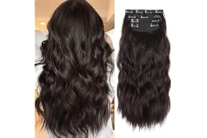 ALILEADER 20 Inches Dark Brown Hair Extensions clip in, Synthetic Curly Clip in Hair Extension, Natural Thick Wavy Hairpieces for Women (Color:Dark Brown)