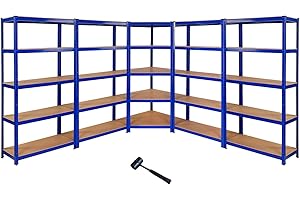MONSTER RACKING 4 Estanterías Metálicas Azules T-Rax Sin Tornillos 90x45x180cm + 1 Estantería Esquinera Esquina Rinconera Metálica Azul Capacidad 265kg por Estante Almacenamiento Almacenaje Oficina Taller Garaje