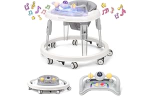 PIONCREY Baby Walker, Music and Lights Baby Walkers for Boys 6 Months, Foldable Baby Walkers for 1 Year olds with Activity Center, 7-Speed Height Adjustment (Light Grey)