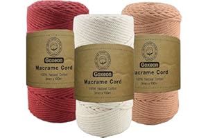 GOXEON 3 Pack Macrame Cord 3mm x 100m Cotton Cord - 4 Strand Twisted Natural Cord for Wall Hanging, Plant Hangers, Crafts, Knitting(Beige+Red+ Brick Red)