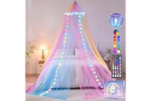 HEYCOLOR Regenbogen Betthimmel Mädchen mit Schmetterlingen Licht, 34 Farben Himmelbett Vorhänge Farbe wechselnde LED Licht Prinzessin Baldachin Remote Timer für Kinderzimmer Zelt Twin Full Queen Size Bett