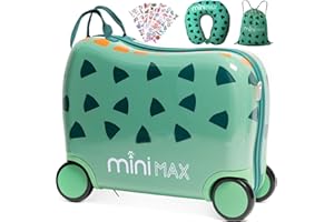 AEROLITE MiniMax 45x36x20cm 29L Kids Ride-On Suitcase 4PCS Set Inc Drawstring Bag, Neck Pillow & 50+ Personalisation Stickers, Easyjet Max Size Childrens Rolling Hand Cabin Luggage 45x36x20 Green Dinosaur