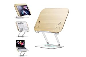 Hmfmdy Leggio per la lettura, supporto girevole a 360°, supporto pieghevole con clip laterali elastiche, multi angolo e supporto per libri in altezza per ricette, riviste, laptop, note, libro di testo