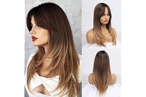 BESTUNG Long Brown Straight Wigs with Bangs for women Ombre Brown Wigs with Dark Roots Layered Heat Resistant Synthetic Wigs for Daily Use Looking Natural at Party(brown)