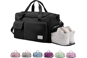 RainFlowwer Travel Duffel Bag Women Men，Sports Gym Bag w/Shoes Compartment，Waterproof Travel Bag Overnight Bag w/Dry Wet Separated Pocket，Carry Luggage Bag Weekender，Sports，Gym，Travel (Black)