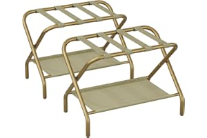 Smart FENDEE Set of 2 Gold Luggage Racks for Guest Room, Folding Suitcase Stand with Fabric Shelf, Steel Portable Luggage Stand Bedroom, Hotel, Easy Assembly, Hold up to 110 lb