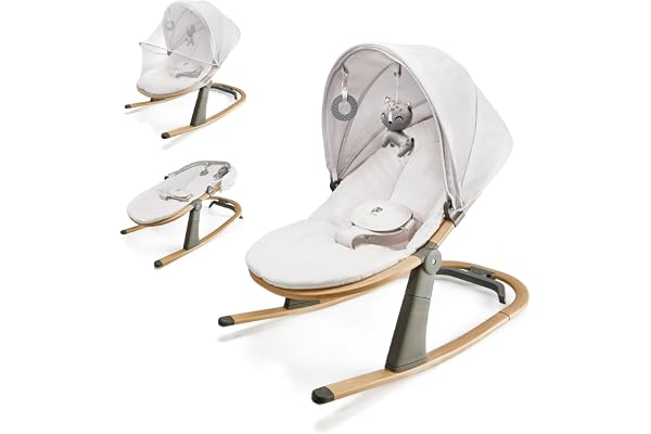 Kinderkraft ELSU Transat Bébé 2en1 evolutif, 0-9kg, Balancelle dès la naissance, Moustiquaire, Avec 2 jouets, Légère et pliable, Harnais de Sécurité, Gris