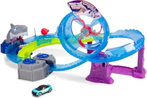 Dickie Toys – Bilracerbana White Shark (50 x 55 x 32 cm) inkl. leksaksbil av metall – motoriserad hajmotorväg med looping, lj