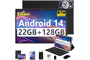 DEERTIME 2025 Newest Tablet 10 Pulgadas Android 14, 22GB RAM+128GB ROM/TF 2TB, 8-Core 2.0 GHz, 8000mAh, 5G WiFi, Widevine L1, GMS Certificado, Bluetooth 5.0, Widgets, Tablet con Funda, Teclado y Ratón - Negro
