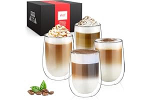 glastal 4x350ml Double Walled Coffee Glasses Mugs Cappuccino Latte Macchiato Glasses Cups for Coffee Tea Milk Juice Ice Cream Borosilicate Heat Resistant Glass Cups