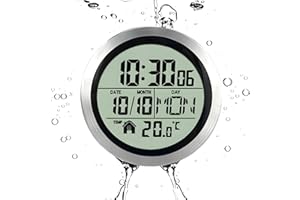 Lancoon Modern Waterproof Shower Clock with Non-Ticking, Powered by 5 Batteries 4 Suction Cups on the Back, Displays Time Temperature Date Weekday for Bathroom Study Room Bedroom