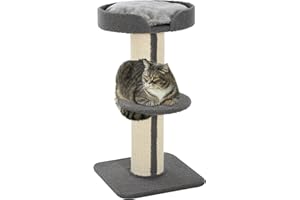 PawHut Tiragraffi ad Albero per Gatti con Cuccia, Cuscino e Morbido Rivestimento Grigio, Pali in Corda Sisal Ø16.5 cm, Altezza 91cm