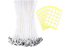 HEMOER 200 Pezzi Stoppini per Candele, 15cm Stoppini di Naturali Candela con 200 Pezzi Adesivi Stoppino, per Candele fai da te, Creare Candele Profumate,Cotone Candle Wick per Fabbricazione di Candele