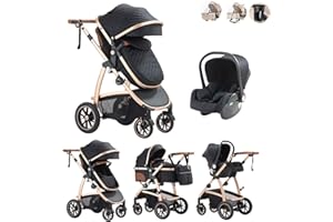 Kakbgee 3 in 1 Pushchair Travel System, Pram Travel System with ECE R129 Car Seat, Height Adjustable Handle Pram with Mosquito Net, High View Aluminum Frame Baby Stroller for Newborn, Black, 22KG