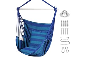 Goutime Schaukel Stuhl Große Hängematte Stuhl Weiche Baumwolle mit 2 Sitzkissen Kissen mit Tragetasche für Innen-/Außen-/Schlafzimmer Patio Garten Balkon, 330 Lbs (Blauer Streifen)