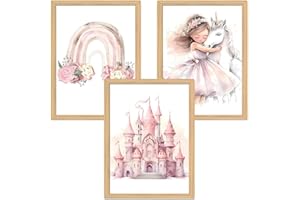 Zamety Bilder Kinderzimmer Deko, Kinderzimmer Deko Mädchen Prinzessin Einhorn Schloss und Regenbogen, Rosa 3-teiliges Set Poster 30x40, Wandbilder Rosa Für Kleine Mädchen, Ohne Rahmen