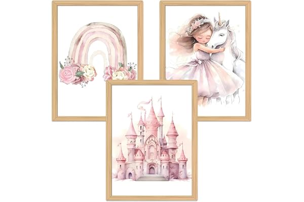 Zamety Bilder för Barnrum Deko, Barnrum Deko Flicka Prinsessa | Enhörning slott och regnbåge, rosa 3-delat set affisch 30 x 4