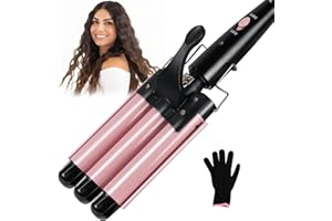 janelove 3 Barrel Hair Waver 25mm Beach Wave Hair Curler with 2 Temperature Adjustments, Ceramic Curling Iron with Heat-Resistant Glove for Long Medium Short Hair