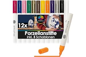 ‎OFFICETREE OfficeTree 12x Porzellanstifte Spülmaschinenfest - 12 Farben und 5 Schablonen - Glas und Porzellanstifte auf Wasserbasis - Glasmalstifte Spülmaschinenfest - Keramikstifte zum bemalen und verzieren