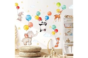 TOARTi Flying Animal with Balloon Wall Stickers for Nursery,Funny Baby Panda Elephant Fox Rabbit Deer in The Sky Wall Decal for Kids Baby Boys Girls Bedroom Decor,Yellow Stars Cloud Wall Art(47 pcs)